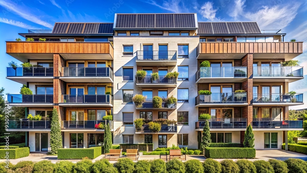 Image showcasing Modern apartment building with multiple balconies featuring solar ...