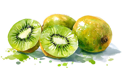 Simple vibrant kiwi fruits, appetizing appearance, children's storybook illustration wet-on-wet watercolor cartoon style, isolated on white background