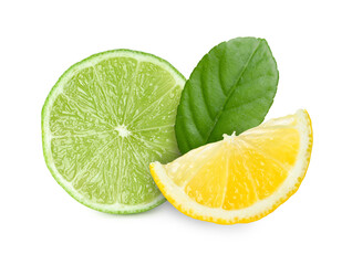 Wall Mural - Fresh lemon, lime and green leaf isolated on white