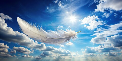 Sticker - Feather floating in the sky with clouds in the background, feather, sky, clouds, delicate, light, fly, white, ethereal, soft