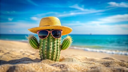 Cute cactus wearing a hat and sunglasses relaxing on the beach, cactus, cute, hat, sunglasses, beach, summer, fun, tropical