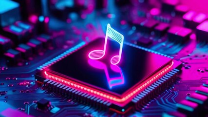 Canvas Print - Neon music note on a circuit board with pink and blue lights.