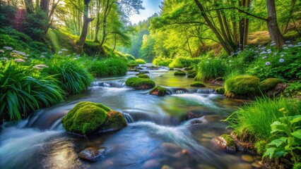 A detailed photo of a spring stream with fresh water and lush plants , nature, outdoors, wild, water, stream, plants