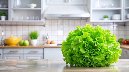 Canvas Print - Fresh green iceberg lettuce salad leaves on light background in kitchen, lettuce, salad, green, fresh, vegetable, healthy, food