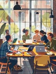 Fototapete - A group of young entrepreneurs work together at a trendy cafe, surrounded by laptops, notebooks, and coffee cups, brainstorming their next big project. Generative AI
