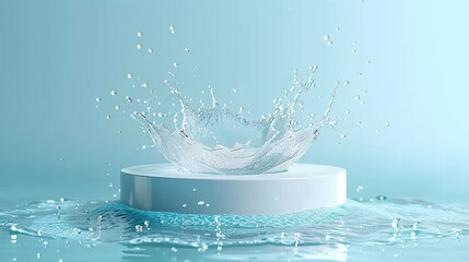 Podium with water splashing in blue background