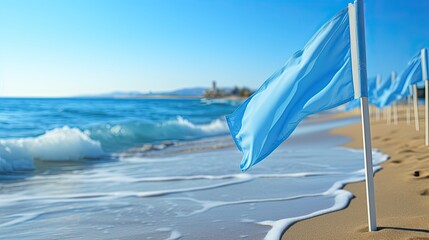 Poster - blue and white flags on the beach  