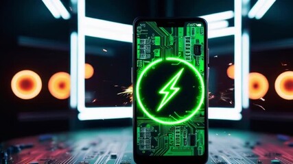 Canvas Print - A smartphone with a glowing green lightning bolt icon on the screen. The phone is on a circuit board, surrounded by neon lights.