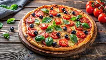 Delicious pizza topped with fresh tomato slices and olives, pizza, food, Italian, dish, meal, tomato, olives, fresh