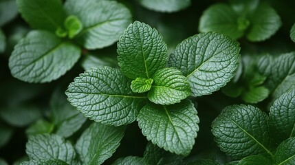 Wall Mural - Close-Up of Lush Green Mint Leaves with Detailed Veining