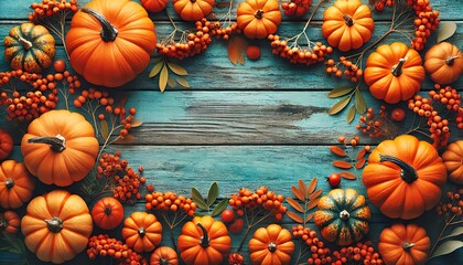 Wall Mural -  A horizontal arrangement of small orange pumpkins and red berries on a textured, bright turquoise wooden surface, with the pumpkins positioned along