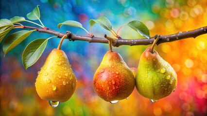 Fresh ripe pears with water droplets on a branch, set against a colorful background, juicy, vibrant, fruits, nature