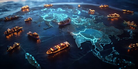 Poster - This detailed visualization offers a deep dive into the international shipping network, displaying moving cargo ships on a dynamic map, highlighting global logistics and trade complexity