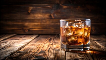 Cocktail garnished with ice cubes on a wooden table, drink, cold, refreshment, glass, alcohol, mixology, bar