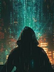 Leinwandbilder - A hacker types intently on a computer, surrounded by a glowing display of code, set against a backdrop of a vibrant, illuminated cityscape. Generative AI