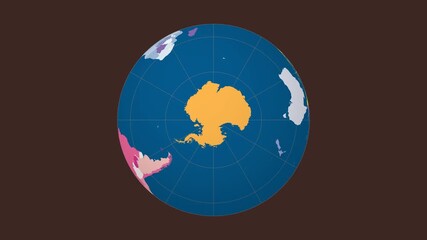 Poster - Rotating planet. South pole sphere view. Moderate speed planet rotation. Colored countries style. World map with graticule lines on dark background. Excellent animation.