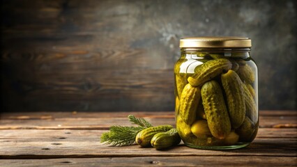 Pickles in jar placed on wooden table , pickles, jar, wooden, table, food, preserved, condiment, sour, glass, crunchy