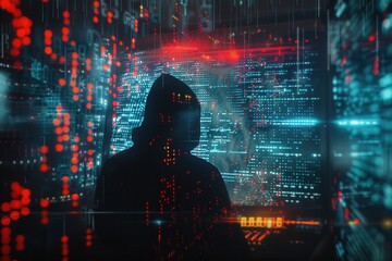 Leinwandbilder - A hooded figure is intensely focused on a computer, surrounded by vibrant, flowing code on a large screen, creating a high-tech atmosphere. Generative AI