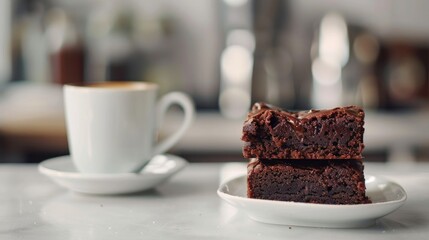 Poster - Stacked dry brownies and defocused coffee in elegant white setting