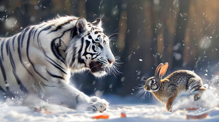 Wall Mural - intense chase powerful white tiger aggressively pursuing swift rabbit through snowy wilderness envir