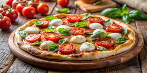 Wall Mural - Caprese pizza with fresh tomato, basil, and mozzarella cheese on a background, Caprese, pizza, isolated,background, food