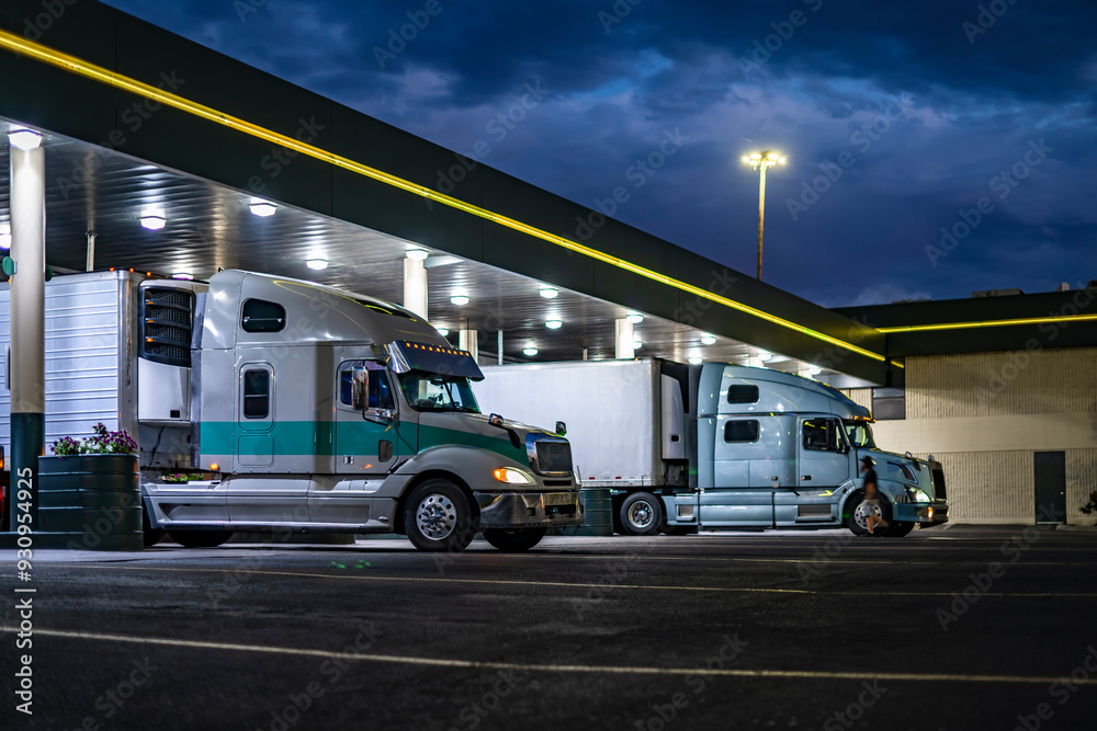 Big rig semi trucks with refrigerator semi trailers refueling trucks ...