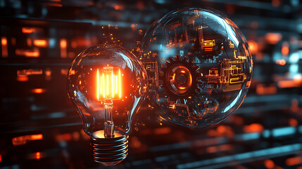 A 3D rendering of a light bulb with circuits and gears inside, visualizing the fusion of technology and innovation 