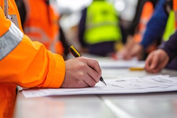 working at heights permit book placing on the table, defocused construction site supervisor reviewin