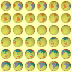 Poster - Collection of planet globes. Tilted sphere view. Rotation step 10 degrees. Colored continents style. World map with sparse graticule lines on warm background. Cute vector illustration.