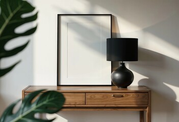 Minimalist Mockup Frame on Wooden Console with Black Lamp