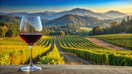 Red California wine in a glass with Napa Valley landscape in background , Napa Valley, wine, glass, red, California, vineyard