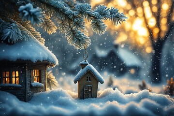 Wall Mural - Winter Wonderland Scene with Miniature House and Snowy Trees at Su