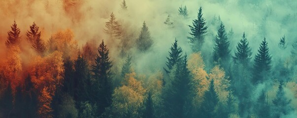 Wall Mural - A stunning aerial view of a vibrant forest enveloped in mist, showcasing rich colors and serene natural beauty.