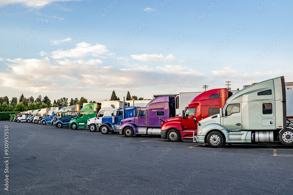 Long row of the big rig semi trucks with semi trailers standing on the ...