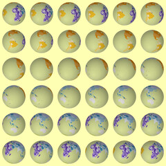 Poster - Collection of globes. Tilted sphere view. Rotation step 10 degrees. Colored countries style. World map with dense graticule lines on yellowish background. Marvelous vector illustration.