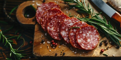 Sticker - Top view of sliced Italian salami sausage with peppercorn on a cutting board