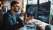 © kinara art design - A businessman in a suit gestures while looking at financial charts on a large monitor in his office.