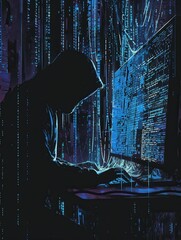 Leinwandbilder - A hacker in a dark hoodie types on a computer, illuminated by a screen filled with vibrant, cascading lines of code in a dimly lit environment. Generative AI