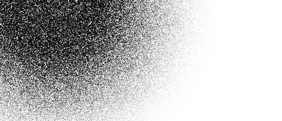 Poster - Black stipple curved gradient texture. Grunge dotted noise background. Black gritty splattered sand halftone overlay. Radial distressed sprayed dot work grain with specks, dust, dots, speckles. Vector