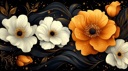 A seamless pattern featuring three white and two orange flowers with black centers and golden edges, with gold accents and a dark wavy background.