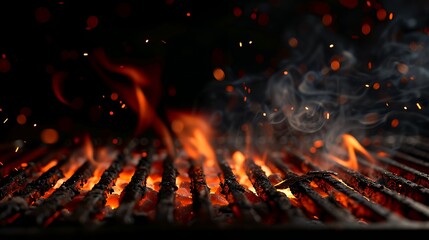 Close-up of a hot charcoal grill with flames and smoke.