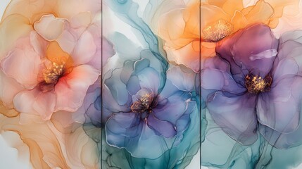 Wall Mural - This stunningly beautiful triptych artwork showcases abstract alcohol ink flowers rendered in a variety of vibrant hues, seamlessly creating a captivating focal point for any type of space