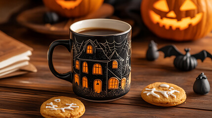 Wall Mural - A festive coffee setup with a mug featuring a haunted house design, accompanied by Halloween cookies and a small carved pumpkin 