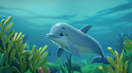 Wall Mural - Illustration of a cute shark in the sea. Shark ​​themed book cover for children.