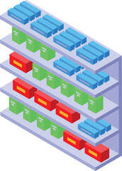 Poster - Warehouse management system showing colorful boxes on shelves in isometric view