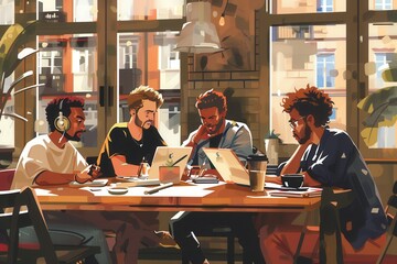 Poster - Young entrepreneurs engage in collaborative work at a stylish cafe surrounded by laptops, notebooks, and coffee, focusing on their projects. Generative AI