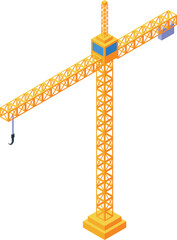 Poster - Yellow tower crane lifting concrete block on construction site isometric icon isolated on white background