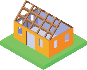 Poster - Isometric view of a house during construction showing the roof being built on a green patch of land