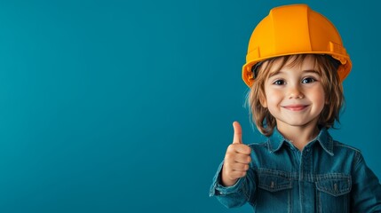 Smiling child in construction helmet with thumbs up