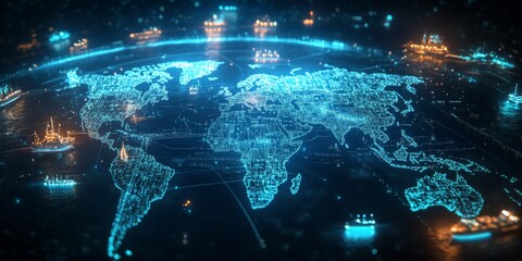 Poster - This is a visual representation of a detailed world map that highlights the various logistic networks, including major cargo ship routes and international container distribution points